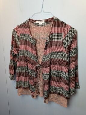 APRIL CORNELL Women Cardigan 3/4 Sleeves Size XXS (Run Big) Plaid With Mesh Boho